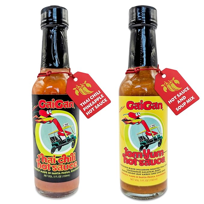 GaiGan - Tom Yum Hot Sauce/Soup Mix & Pineapple Thai Chili Combo Set, Low-Calorie All-Natural Vegan Condiments, Gluten Free with Low Sodium & No Preservatives, 2 Hot Sauce Bottles (150 mL) per Pack