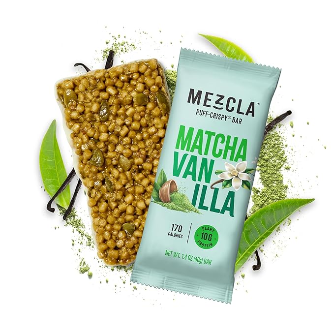 Mezcla Puff Crispy Protein Bars, Gluten Free & Vegan Protein Bars, 10g Protein, Alt for Crispy Rice Treat, Granola Bars & Breakfast Bars, Healthy Snacks for Adults (1 Count (Pack of 1), Matcha Vanilla)