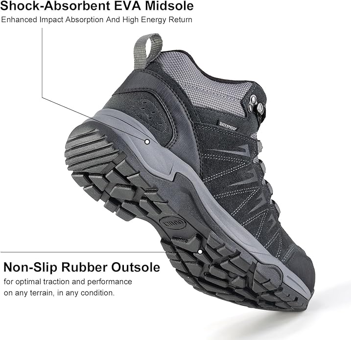 Men's Waterproof Hiking Boots Lightweight Comfortable Leather Mid Ankle Outdoor Trekking Boot