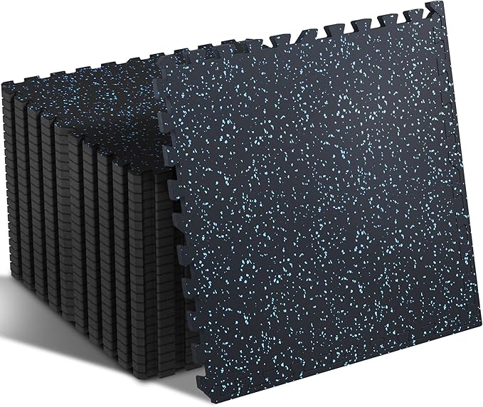 SUPERJARE 0.4 Inch Flooring for Home Gym, 24 Tiles Floor Mat With Heavy Duty Rubber Top, Interlocking Mats, 24" x 24" Workout Exercise Equipment (96 sqft), Black/Blue