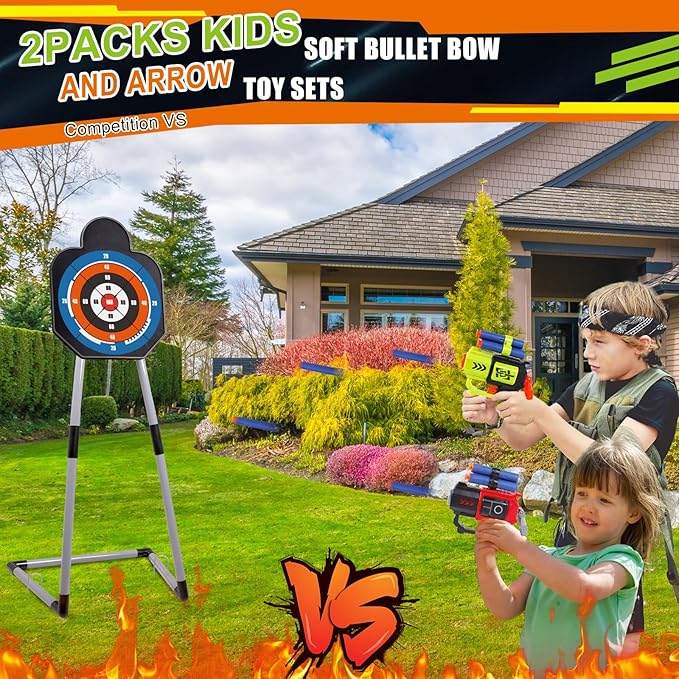 2 Pack Bow and Arrow for Kids Sports and Outdoor Play Toys Archery Set with LED Light Up 16 Arrows 1 Standing Target 2 Quiver Indoor Outdoors Toy for Age 4-12 Year Old Boy Girl Gift