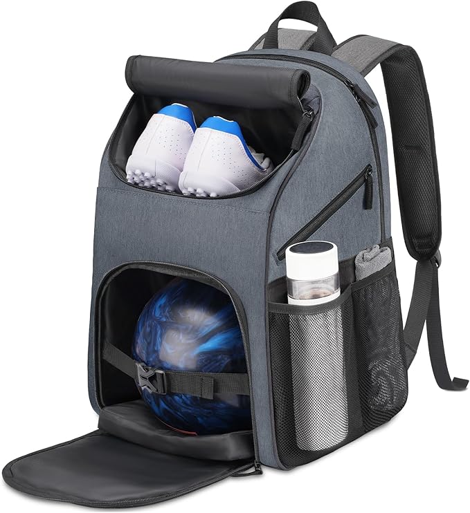 Bosynoy Bowling Backpack, Bowling Ball Bag Totes for Single Ball with Shoe Compartment & Foam Padded, Fits Shoes Up to US Mens Size 16, Grey