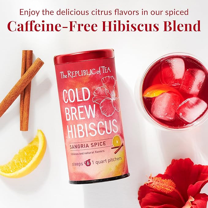 The Republic of Tea – Cold Brew Hibiscus Sangria Spice Iced Tea, Large Herbal Iced Tea Pouches, Steeps Six One-Quart Pitchers
