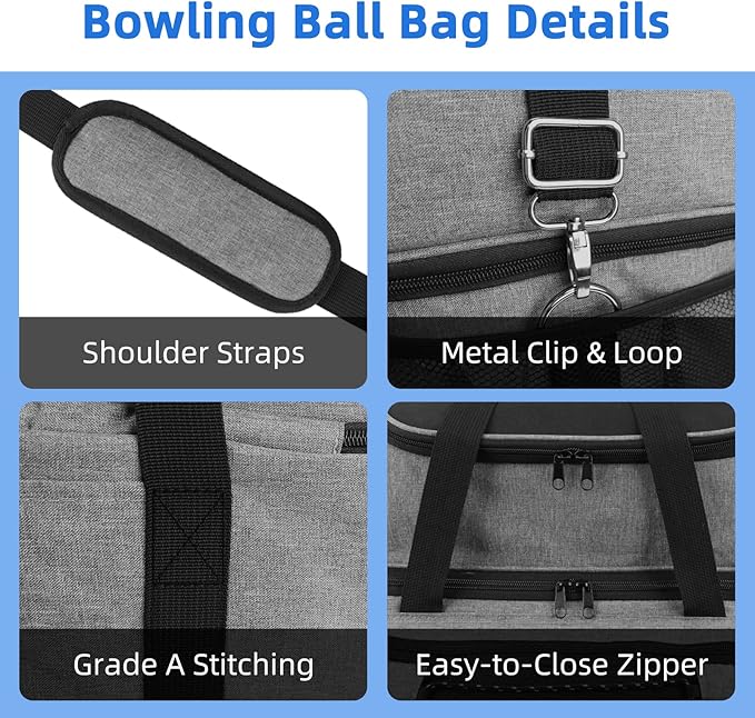 Bowling Ball Bag 2 Ball with Padded Holder Portable Double Bowling Totes with Adjustable Shoulder Strap Large Capacity Bowling Gear Organizer