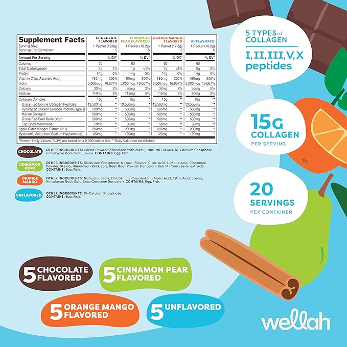 Wellah The Afterglow Multi Collagen Protein + Beauty (Variety Pack) 20 Stickpacks - 15G Collagen Complex Per Serving