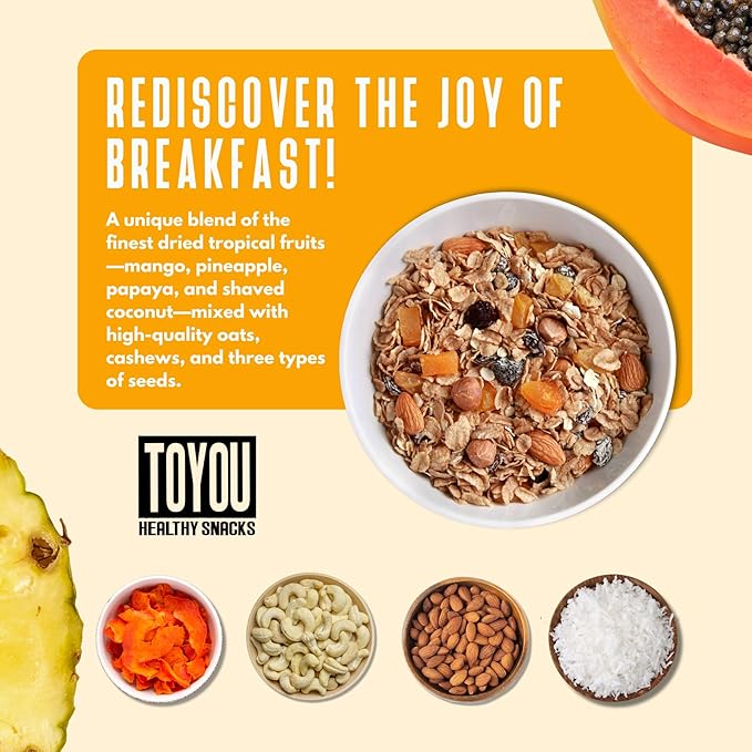ToYou Snacks Granola, Fruit and Granola Cereal, | Tropical Fruit Medley - 12 Ounce (Pack of 1) | Gluten Free, Plant Based, Vegan, Healthy Snacks for Adults and Kids, Breakfast Cereal with Protein and Fiber