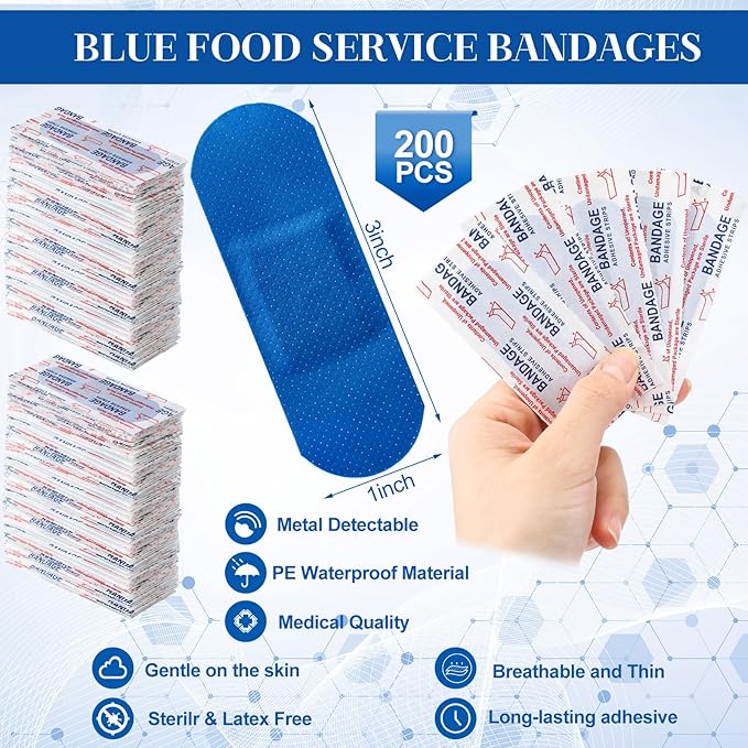 Geiserailie 200 Pcs Blue Fabric Bandages 3 ''x 1'' Food Service Metal Detectable PE Waterproof Adhesive Bandages Bulk Sterile Processing Non Stick Pad Latex Free for First Aid & Wound Care Protection