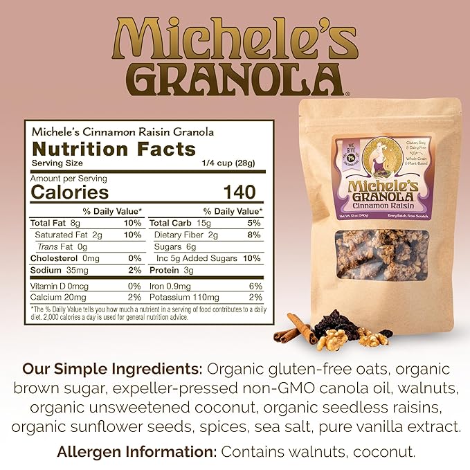 Michele's Granola - Cinnamon Raisin - Handmade Non-GMO Whole Grain Oats - Free of Gluten, Soy, Wheat, & Dairy