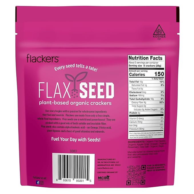 Flackers Organic Rosemary Flaxseed Crackers, 5 Ounce 6-Pack, Gluten Free, Non GMO, Vegan, Keto Snack, 9 Grams Fiber, 1 Net Carb