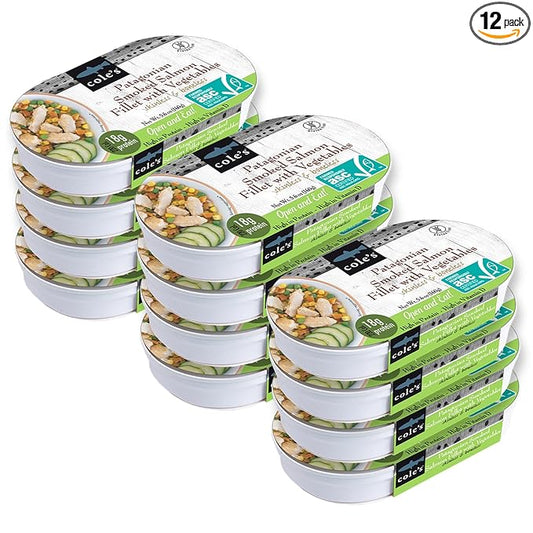 COLE’S - Patagonian Smoked Salmon Fillet with Vegetables| Ready to Eat Meal | 5.6 oz Canned & Hand-Packed | 19g Protein | High in Vitamin D | 12 pack