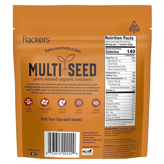 Flackers Organic Maple Multi-Seed Crackers, 4 Ounce 6-Pack, Gluten Free, Non GMO, Vegan, Keto Snack, 5g Protein, 5g Fiber, 6g Net Carbs