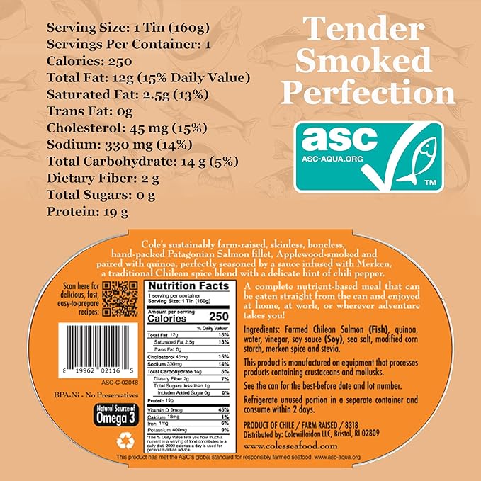 COLE’S - Patagonian Smoked Salmon Fillet with Quinoa| Ready to Eat Meal | 5.6 oz Hand-Packed Canned Fish | 19g Protein | High in Vitamin D | 6 pack