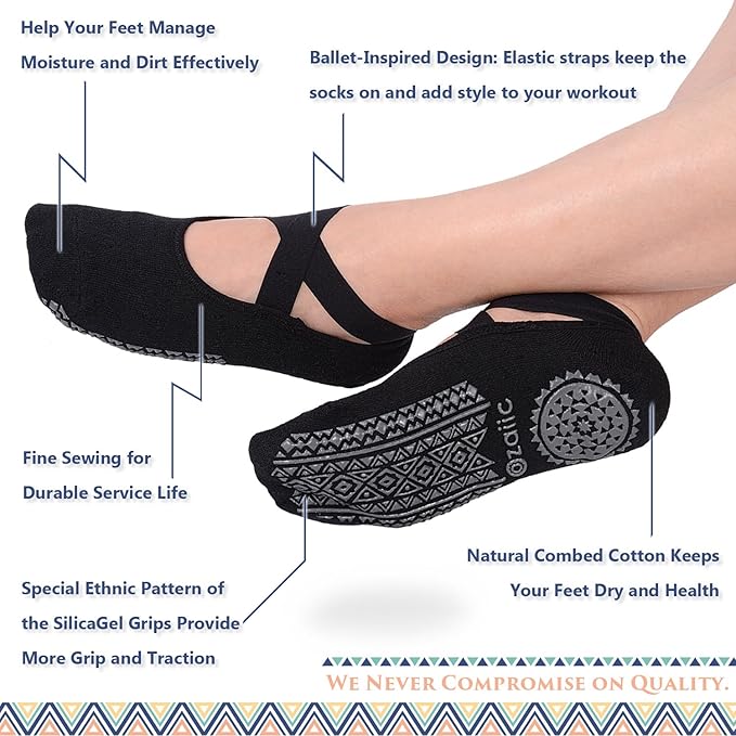 Ozaiic Yoga Socks for Women Non-Slip Grips & Straps, Ideal for Pilates, Pure Barre, Ballet, Dance, Barefoot Workout