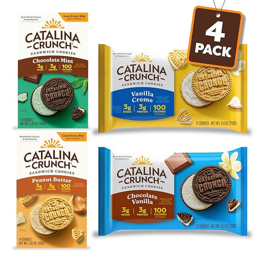 Catalina Crunch Protein Cookies, 4g Protein per Serving | Low-Sugar Sandwich Cookies | Gluten Free, Vegan | Keto Dessert Snacks, Variety Pack 4 Flavors (Pack of 4)