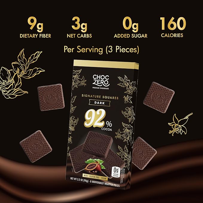 ChocZero 92% Cocoa Ultimate Dark Chocolate, Sugar Free, Low Carb, All Natural, Keto Friendly, 3.2 Ounce (Pack of 4)