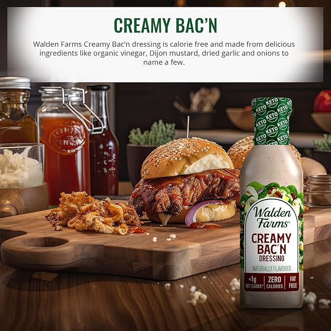 Walden Farms Creamy Bac’n Dressing – Low Carb, Calorie-Free, Gluten-Free, Keto-Friendly, Sugar-Free, Fat-Free, Dairy-Free Smoky Bacon Flavor – 2-Pack, 12 oz Bottles