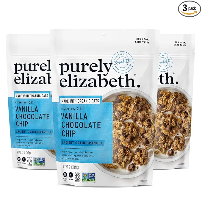 Purely Elizabeth Vanilla Chocolate Chip Granola, Made with Organic Oats and Ancient Grains, Gluten-Free, Non-GMO (3 Ct, 12oz Bags)