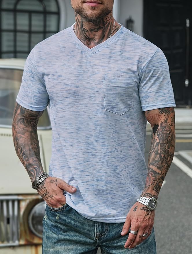 Men's V Neck T Shirts Casual Stylish Fitted Stretch Tee Shirt with Pocket (S-3XL)