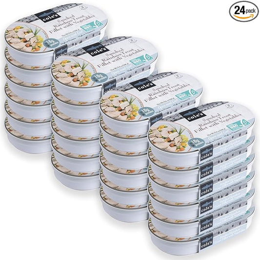 COLE’S - Smoked Rainbow Trout Fillet with Vegetables | Ready to Eat Meal | 5.6 oz Hand-Packed Canned Fish | 18g Protein | High in Vitamin D | 24 pack