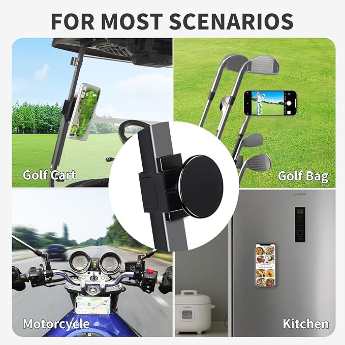 Magnetic Golf Cart Phone Holder Work with Magsafe iPhone 16-12 Series and All Phones, Fits Yamaha, EZGO, Club Car Golf Cart, Alloy Strong Magnetic Phone Mount for Gym, Kitchen, with Metal Plate