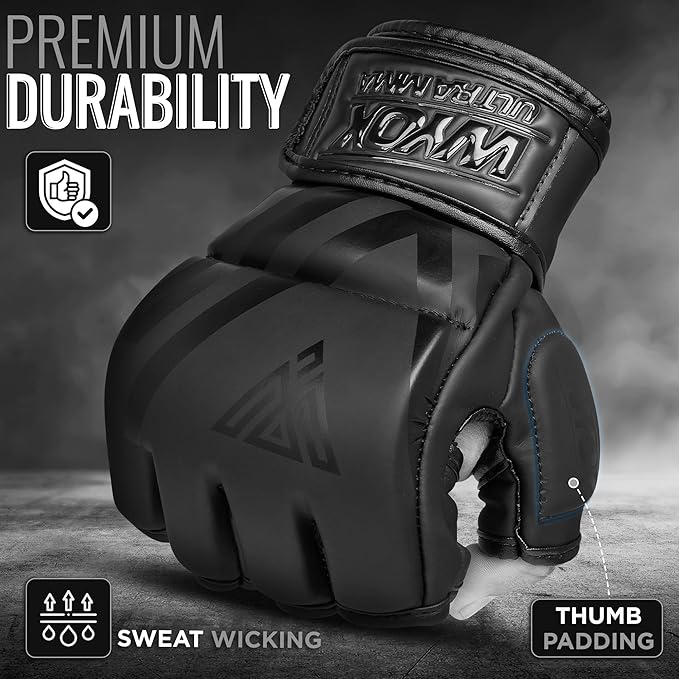WYOX MMA Gloves for Men & Women – Grappling & Sparring Boxing Gloves with Open Palm Design, Padded Fingerless Training Gloves for Kickboxing, Muay Thai, Youth & Heavy Bag Workouts