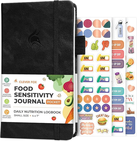 Clever Fox Food Sensitivity Journal Pocket – Daily Intolerance & Symptom Log for IBS, Diabetic, Low Fodmap, Elimination Diet – Health Tracker, 3.7x6.7 (Black)