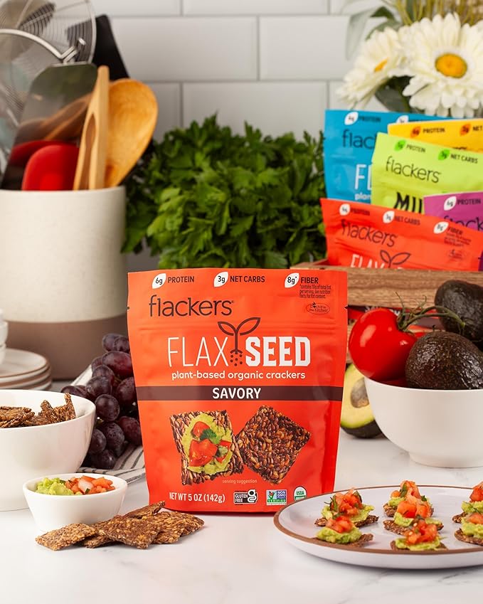 Flackers Organic Savory Flaxseed Crackers, Gluten Free, Non GMO, Vegan, Keto Snack, 8g Fiber, 3g Net Carbs, 5 Ounce 2-Pack