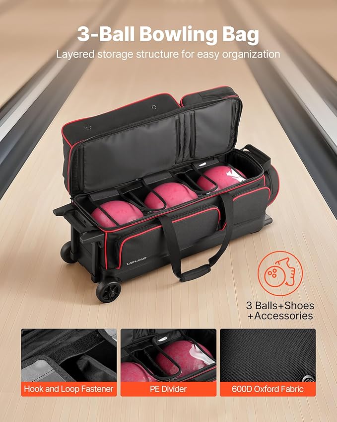 VEVOR Bowling Ball Bag, 3 Ball Double Roller Bowling Bag with Wheels, Featuring a Separate Compartment for Shoes (Up To US Size 16) & Oversized Accessory Pocket, Retractable Handle Extends to 41.34 in