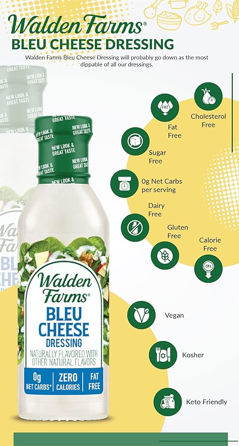 Walden Farms Bleu Cheese Dressing - Calorie-Free, Gluten-Free, Low Carb, Keto-Friendly, Sugar-Free, Rich Bleu Cheese Flavor - 1 Pack 12 oz Bottle
