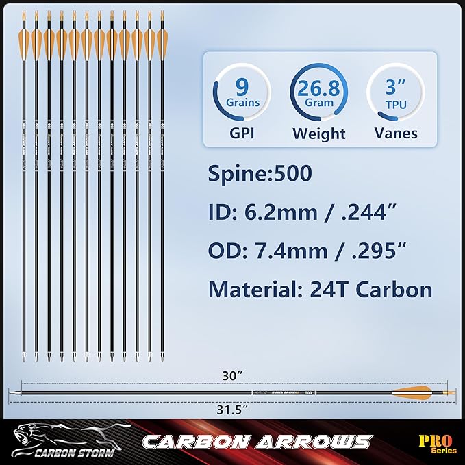 SUNYA 12-Pack 30 Inch Carbon Arrows Spine 500 or 400 for 40-60 LBS Bows｜Switch to Recurve/Compound Modes, Anti-Loose O-Ring & TPU Vanes for Hunting/Target Practice