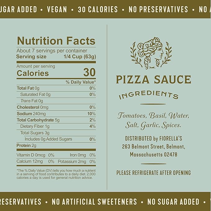 Fiorella's Pizza Sauce - Premium Pizza Sauce Made with Fresh Ingredients - No Sugar Added, Vegan, Gluten Free, No Preservatives Added, Pizza Sauce, 16 Oz (Pack of 2)