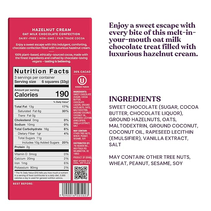 7th Heaven, Vegan Hazelnut Cream Oat Milk Chocolate Bar (3.5oz Full Size Candy Bars - 4 Packs) - Perfect for Easter Candy, Plant Based Dairy Free Chocolate with Peanut Butter Filling, Fair Trade Cocoa & Coconut Oil, Kosher Parve
