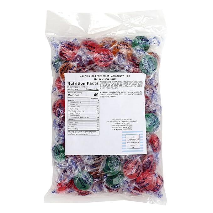 Arcor Sugar Free Fruit Hard Candy, 1 Pound Bulk Bag (Approx 70 Pieces), Individually Wrapped Hard Candy, The Hampton Popcorn & Candy Company