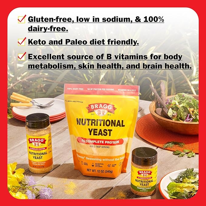 Bragg Premium Nutritional Yeast Seasoning - Vegan, Gluten Free – Good Source of Protein & Vitamins – Nutritious Savory Parmesan Cheese Substitute (Original, 12 Ounce (Pack of 1))