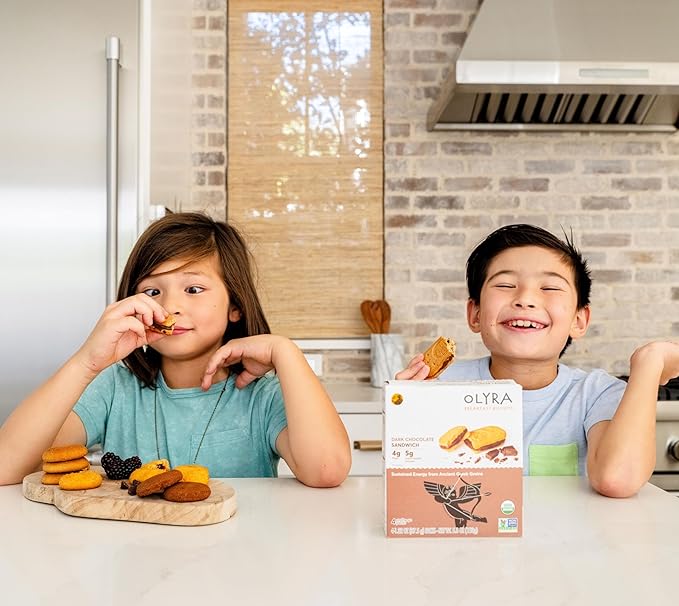 Olyra Dark Chocolate Sandwich Breakfast Biscuits, Healthy Snacks for Kids and Adults, Low Sugar, High Fiber Cookies, Organic Kids Snacks, with Ancient Greek Grains, USDA Certified Organic, Non GMO, 12 Packs