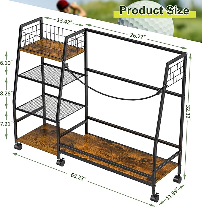 Golf Bag Storage Rack for Garage with Wheels, Organizer for 2 Golf Bag and Equipment Accessories, Golf Organizer Stand Ideal for Home, Garage, Club, Shed, Basement - Sturdy and Durable (Black)