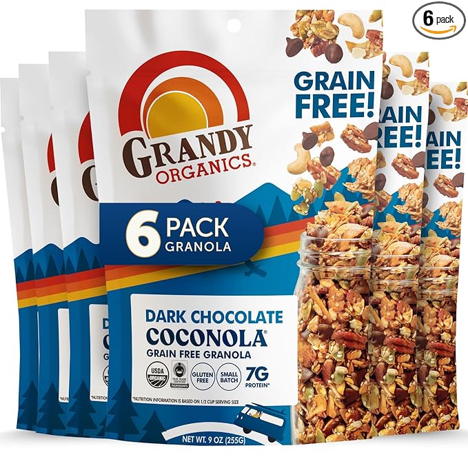 Grandy Organics Dark Chocolate Coconola Granola, Certified Organic Gluten Free Granola, Grain Free, Chocolate Flavored Coconola, Kosher Certified, Paleo Friendly, 9oz Each, Pack of 6