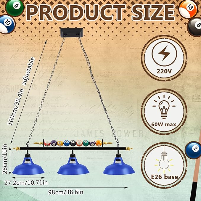 3 Lights Adjustable Pool Table Lights for 7'-8' Billiard Light Hanging Pool Table Light Fixture Lighting Pendant Lamp with Metal Shades for Game Rooms, Bulb Not Included (Royal Blue)
