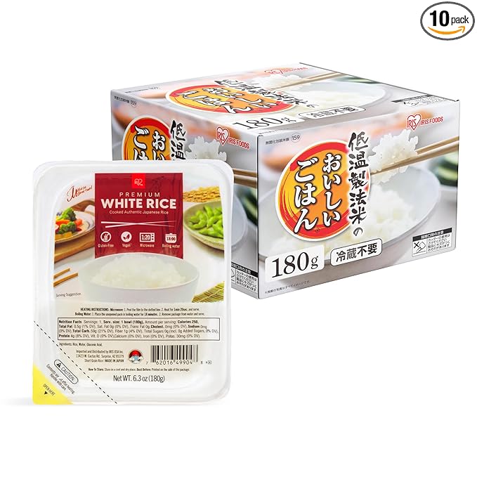 IRIS Instant White Rice (10 Pack), Ultra Premium Japanese Short Grain Sushi Sticky Rice, Microwave for 80 seconds (1.2 Minutes), Gluten Free Vegan, Grown Polished and Packed in Japan