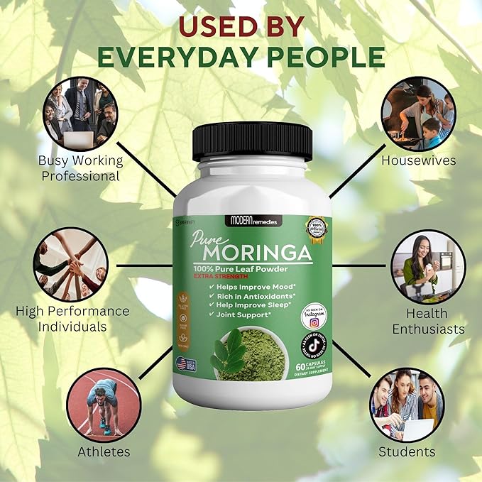 Modern Remedies Pure Moringa Max Leaf Powder Supplement, 800mg, 60 Capsules, Extra Strength for Mood, Sleep and Joint Support, Gluten Free (3)