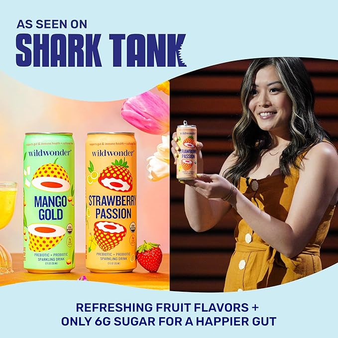 wildwonder Sparkling Probiotic Drink 12pk, For Gut Health & Immune Support, Strawberry Passion, 5g Prebiotic Fiber, Live Probiotics, Organic, Vegan, Low Sugar, 12 Pack, 12oz Can, As Seen on Shark Tank