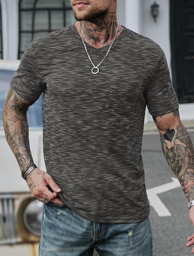 Men's V Neck T Shirts Casual Stylish Fitted Stretch Tee Shirt with Pocket (S-3XL)