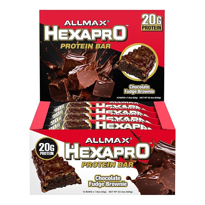 ALLMAX HEXAPRO PROTEIN BAR, Chocolate Fudge Brownie - Pack of 12 - High-Protein Energy Snack - 20 g of Protein Per Bar - With Whey Protein Isolate