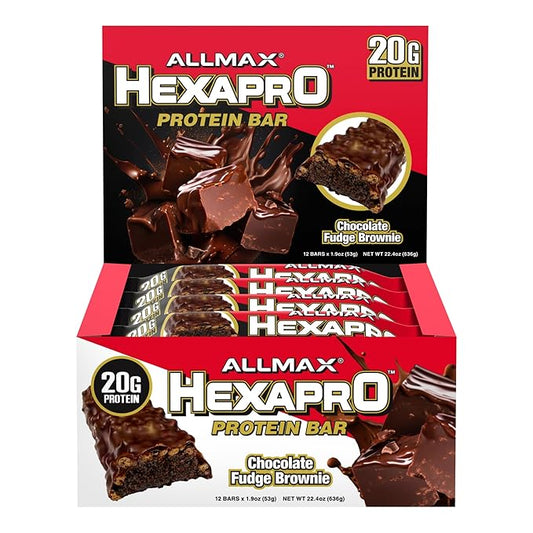 ALLMAX HEXAPRO PROTEIN BAR, Chocolate Fudge Brownie - Pack of 12 - High-Protein Energy Snack - 20 g of Protein Per Bar - With Whey Protein Isolate