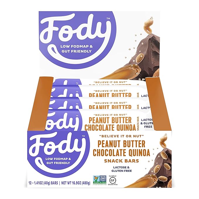 Fody Foods Snack Bars, Peanut Butter Chocolate Quinoa, 1.41 Oz (Pack of 12), 6g Protein, Low FODMAP, Gut & IBS Friendly, Vegan, Lactose Free, Non-GMO, Gluten Free
