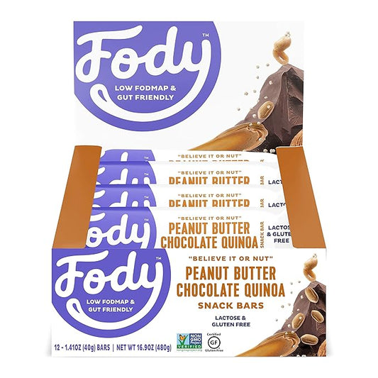Fody Foods Snack Bars, Peanut Butter Chocolate Quinoa, 1.41 Oz (Pack of 12), 6g Protein, Low FODMAP, Gut & IBS Friendly, Vegan, Lactose Free, Non-GMO, Gluten Free