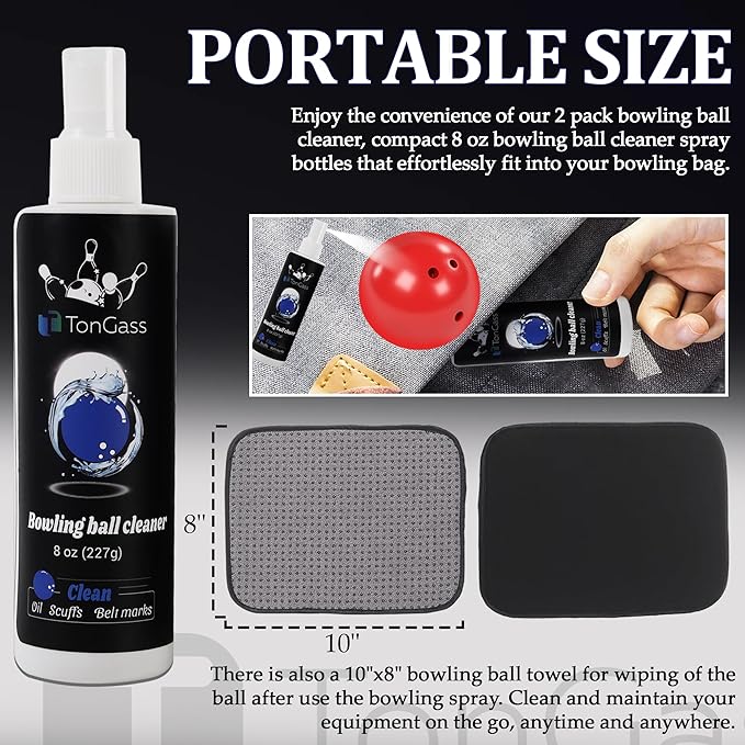 TonGass (2+1 Pack Bowling Ball Cleaner Spray Kit with Towel, Portable Bowling Spray Accessories, Oil & Scuff Mark Cleaner, Restores Tack and Prolongs Lifespan of Ball