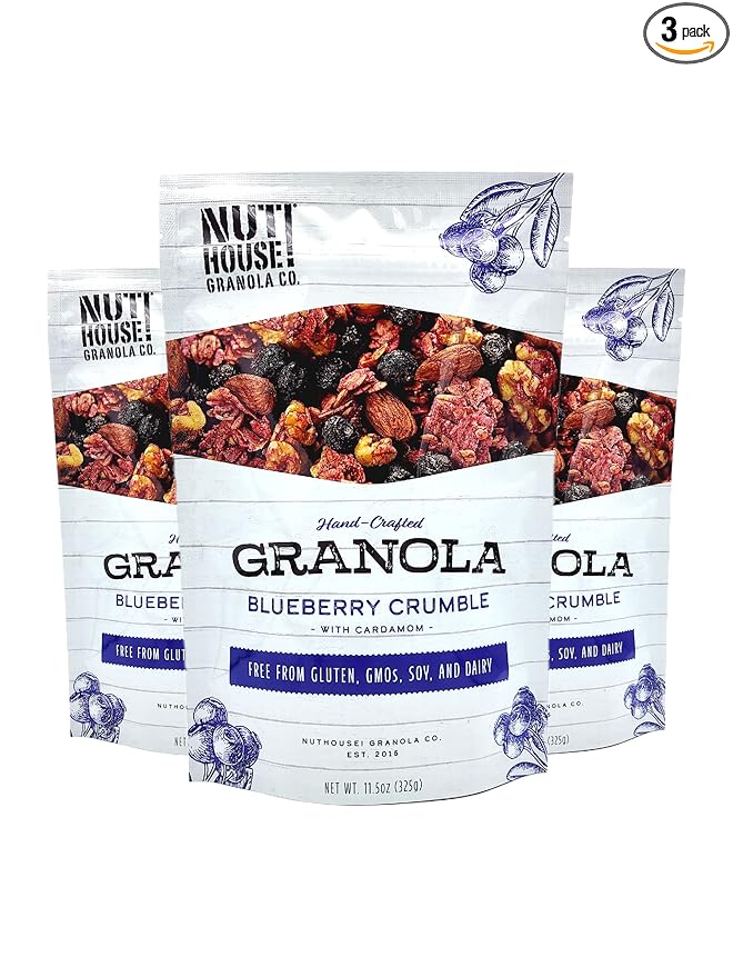 NutHouse! Granola Company - Premium Blueberry Crumble Granola | Certified Gluten-Free, Non-GMO, Kosher | Vegan, Soy-Free | 11.5 oz. Bag (3-Pack)