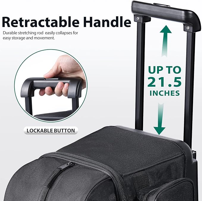 Double Roller 2 Ball Bowling Bag with Separate Shoe Compartment for Bowling Shoes (Up To US Mens Size 15) and Oversized Accessory Pocket, Retractable Handle - Extends to 40"