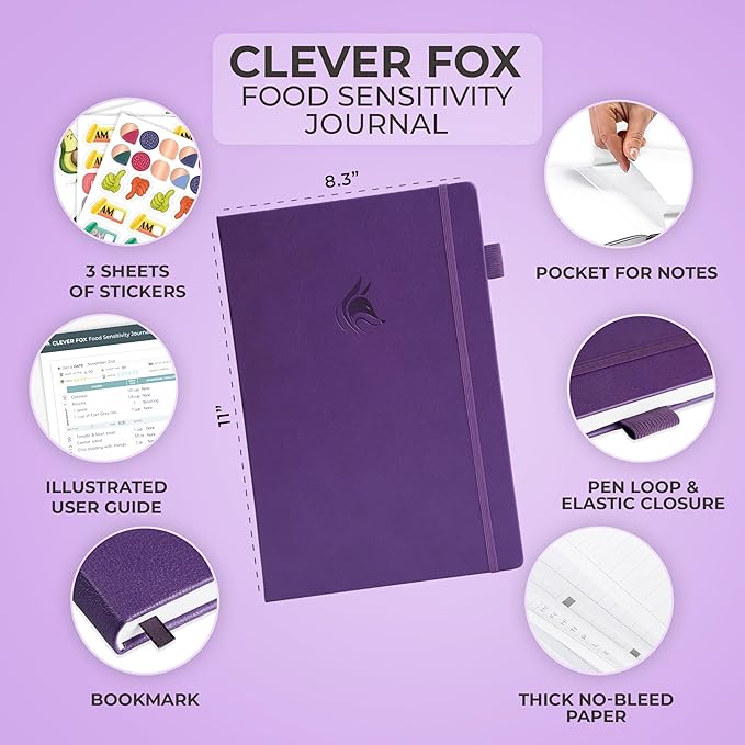 Clever Fox Food Sensitivity Journal Large – Daily Intolerance & Symptom Log for IBS, Diabetic, Low Fodmap, Elimination Diet – Health Tracker, 8.3x11” (Purple)